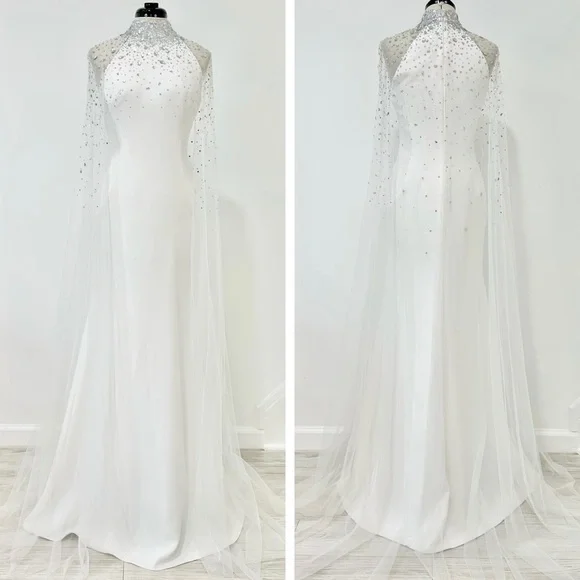 Jenny Packham Gilded Tulle Cape Gown Long Dress